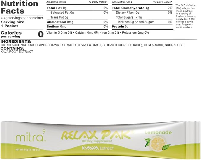 Mitra9 Kava Powder RelaxPak - Lemonade Kava Extract Powder Packets | Mood Enhancer | Plant Based | Promotes Natural Calm & Clarity | Easy Open Single-Serving Stick (30)