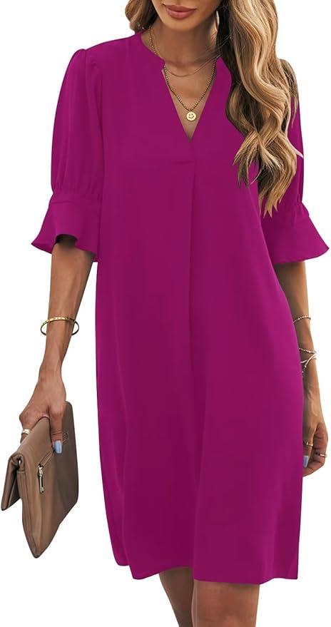 Wkior Shift Dress for Women V Neck Short Sleeves Solid Color Casual Flowy Summer Dresses(S-2XL)