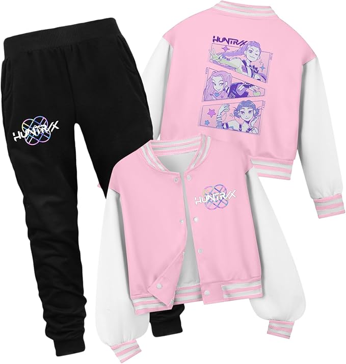 K PopGirls Kpop Tracksuit Cute Cartoon Print Baseball Coats Fashion Long Sleeve Jackets and Pants Christmas Costume Set