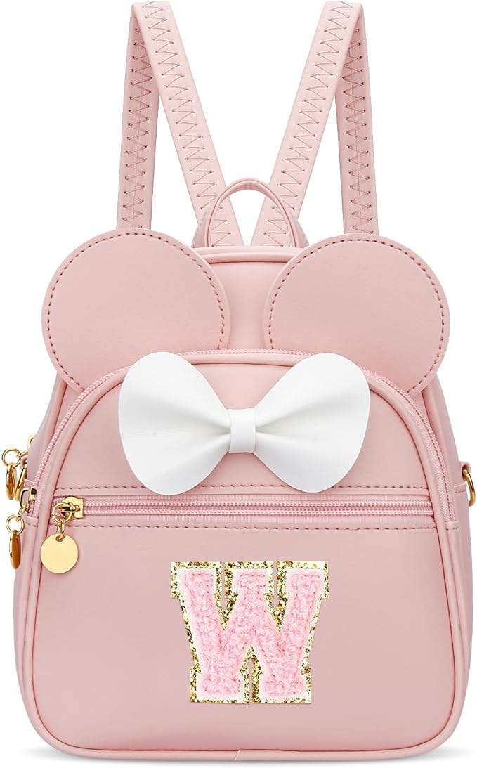 KKXIU Girls Initial Bowknot Cute Mini Backpack for Toddler, Travel Small Girl Backpacks, Personalized Valentine's Day Gifts for Little Girls and Kids(W, Pink)
