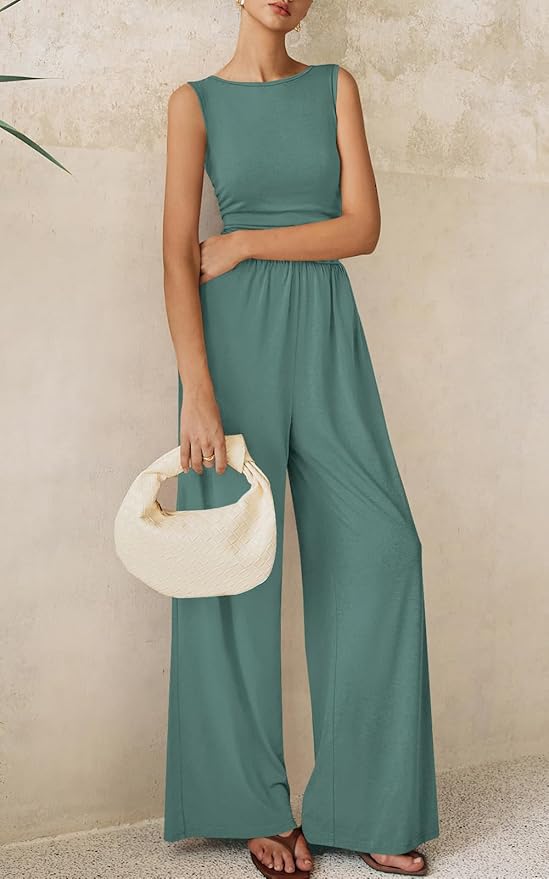 PRETTYGARDEN One Piece Jumpsuits for Women Dressy Casual Sleeveless Crewneck Wide Leg Rompers Jumpers Vacation Summer Outfits