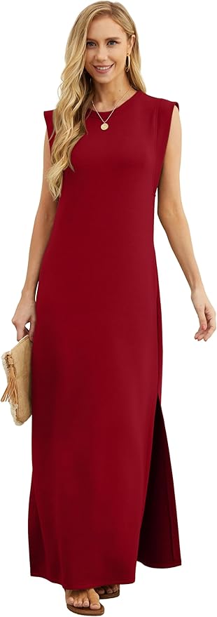 GRECERELLE 2026 Women Year-Round Casual Round Neck Loose Split Wrinkle-Free Long Maxi Vacation Dress with Pockets (XXS-4XL)