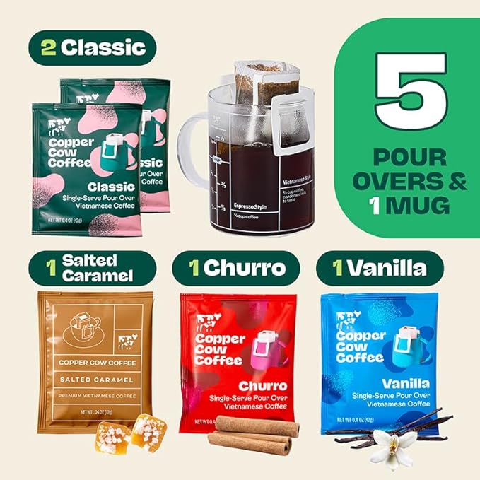 Copper Cow Coffee with Glass Mug & 5 Premium Vietnamese Pour Over Ground Coffees (Classic, Vanilla, Churro, Salted Caramel)