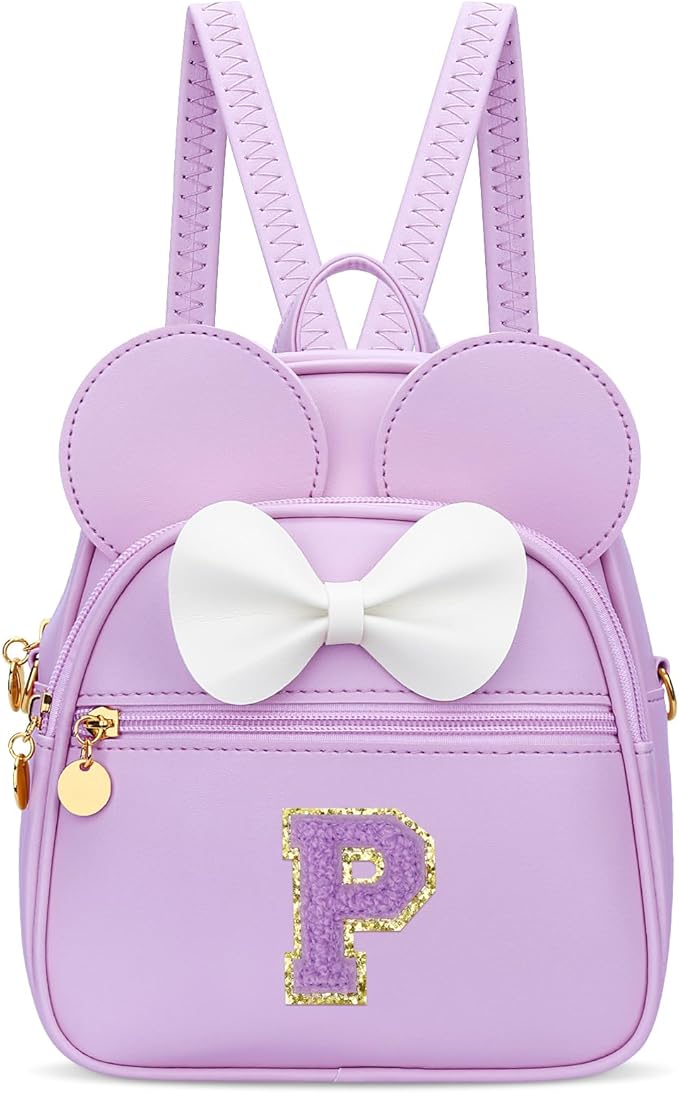 KKXIU Girls Initial Bowknot Cute Mini Backpack for Toddler, Travel Small Girl Backpacks, Personalized Valentine's Day Gifts for Little Girls and Kids(P, Purple)