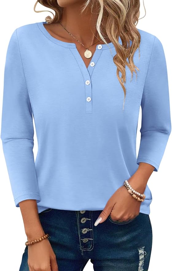 PGANDS Women's 3/4 Length Sleeve T Shirts Button Down Scoop Neck Casual Tops