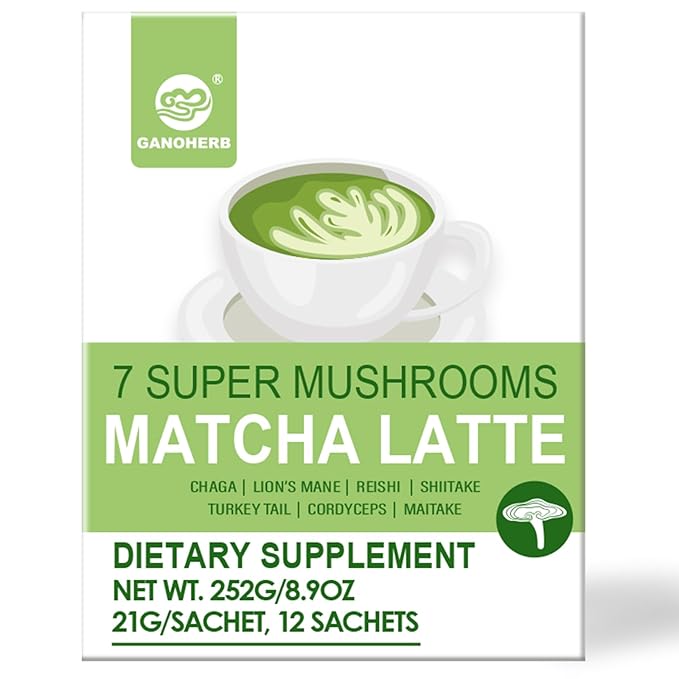 GANOHERB Mushroom Matcha Powder Latte Mix, 7.4 Ounce, 7 Superfood Mushrooms with 25% Beta-Glucans, Lions Mane, Reishi, Chaga, Coconut Powder, Ceremonial Grade Matcha Tea