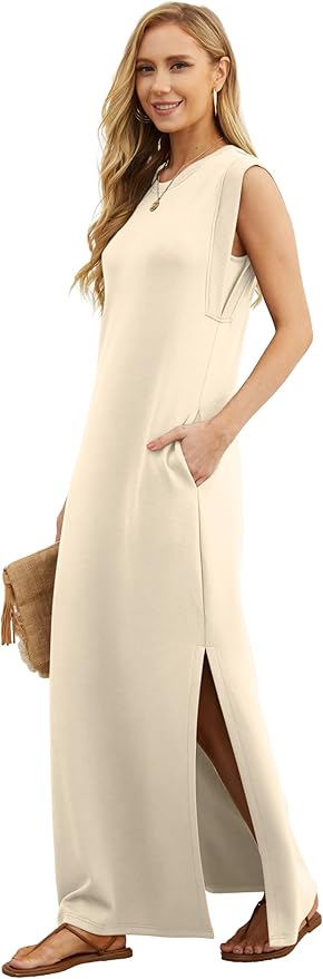 GRECERELLE 2026 Women Year-Round Casual Round Neck Loose Split Wrinkle-Free Long Maxi Vacation Dress with Pockets (XXS-4XL)