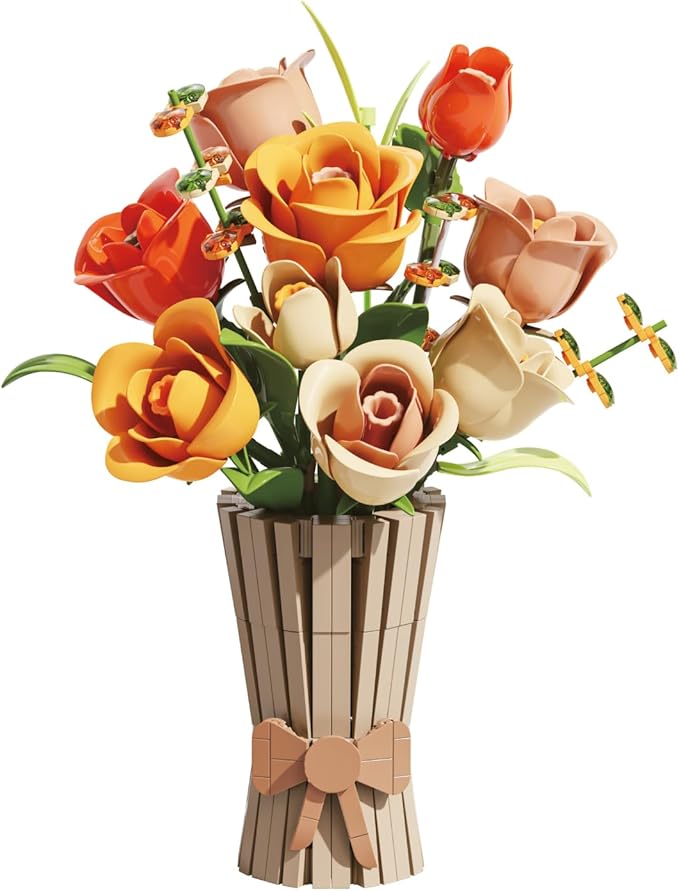 Bagari Roses Bouquet Building Set - Artificial Flowers Building Blocks with Vase, Compatible with Lego Kit for Adults - Collection for Home Office Decor Gifts for Women Men Birthday Anniversary 868PCS