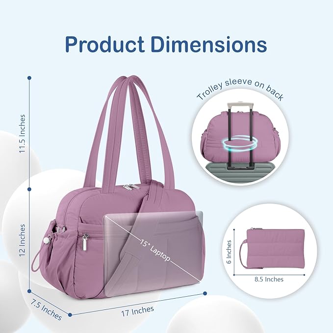 TOPDesign Travel Duffel Bag for Women, Puffer Gym Bag Sports Tote with Wet Pocket, Carry On Weekender with Luggage Sleeve (Purple)