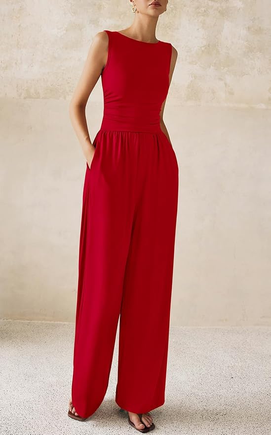 PRETTYGARDEN One Piece Jumpsuits for Women Dressy Casual Sleeveless Crewneck Wide Leg Rompers Jumpers Vacation Summer Outfits