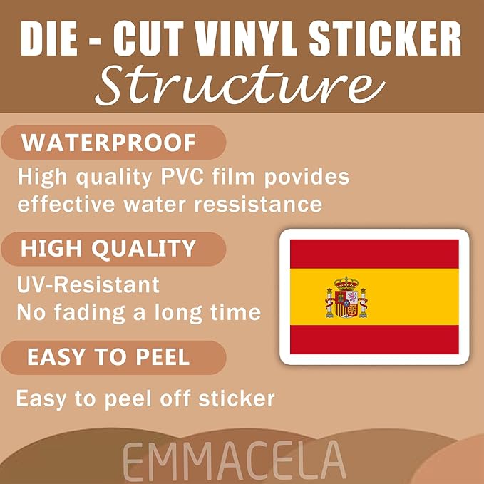 (3PCS) Spain Flag stickers, Countries Flag Stickers - Waterproof Vinyl Decals For Laptops, Tumblers, Water Bottles, Books, Scrapbooks, Size 3 x 2.2 Inch