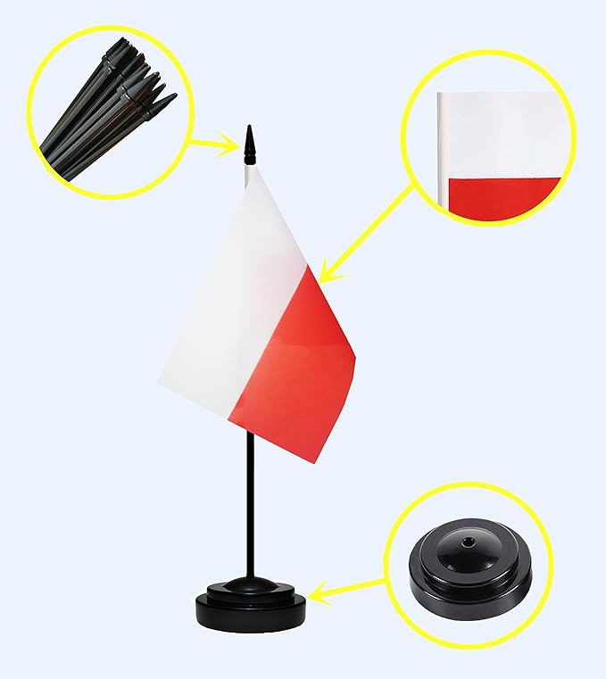 USA American & Poland Polish Desk Flags, US Poland Table Flag, Small Mini American & Polish Twin Table Office Flag, Miniature Polish and US Desktop Flag With 13" Solid Black Pole, Black Base