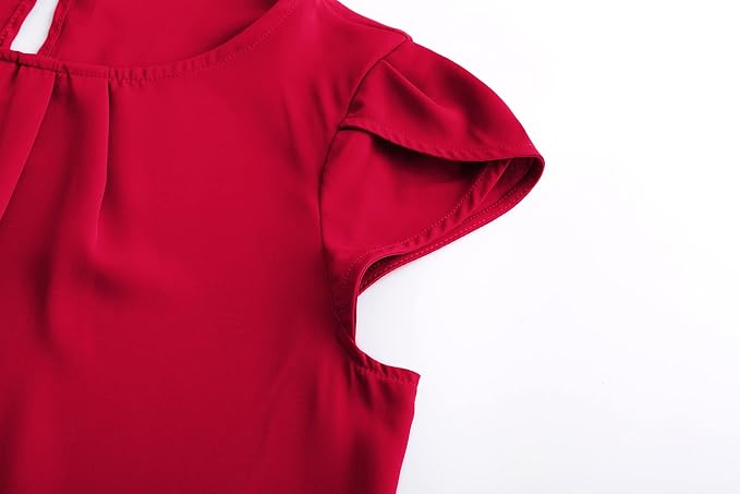 TASAMO Women's Casual Round Neck Basic Pleated Top Cap Sleeve Curved Keyhole Back Chiffon Blouse