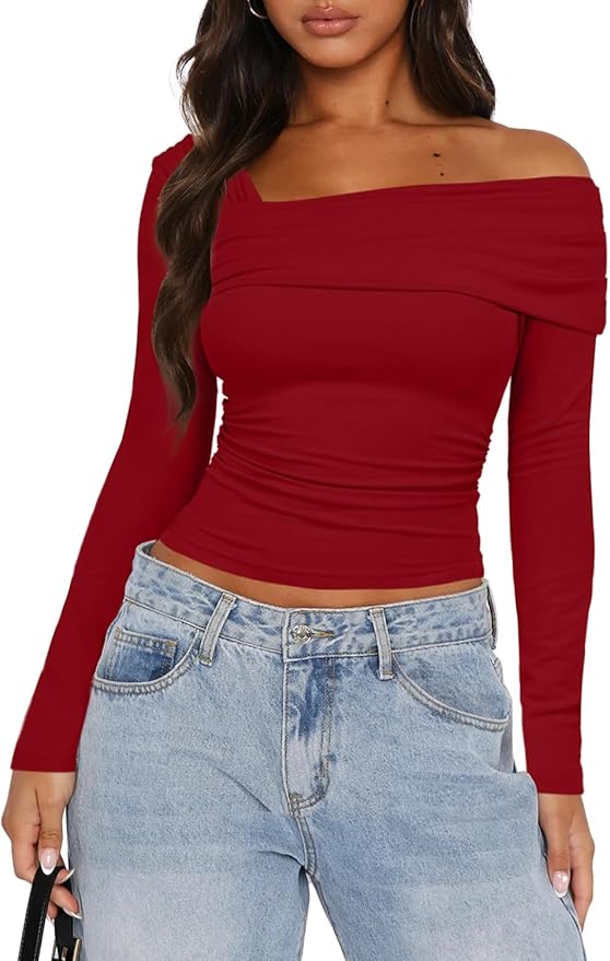 Darong Women's Off Shoulder Tops Y2K Shirt Slim Fit Ruched Crop Top Long Sleeves Spring Fall Blouse Going Out Shirt
