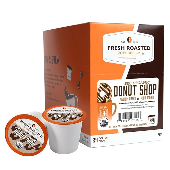 Fresh Roasted Coffee, Organic Donut Shop | USDA Organic, Kosher | Medium Roast 24 Pods for K-Cup Brewers