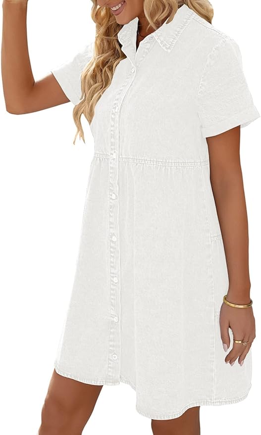 LookbookStore Women's Short Sleeve Button Down Flowy Tiered Babydoll Denim Dress