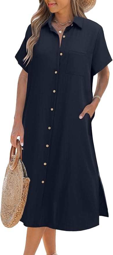 Zeagoo Women Dresses Summer Casual Short Sleeve Button Down Shirt Dresses 2025 Beach Cover Up with Pockets