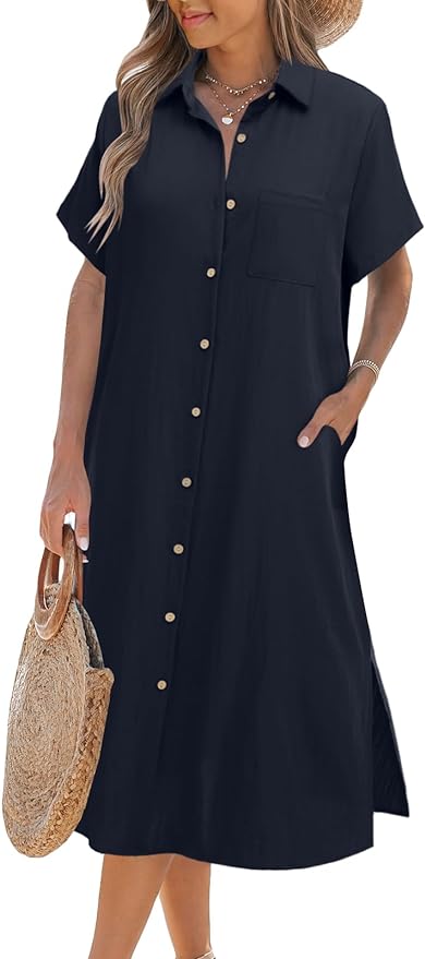 Zeagoo Women Dresses Summer Casual Short Sleeve Button Down Shirt Dresses 2025 Beach Cover Up with Pockets