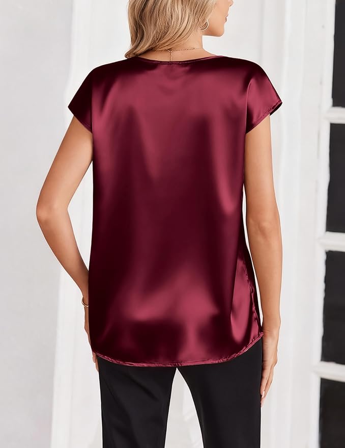 Zeagoo Women Silk Satin Tops Cap Short Sleeve Blouse V Neck Shirts Business Casual Outfits S-2XL