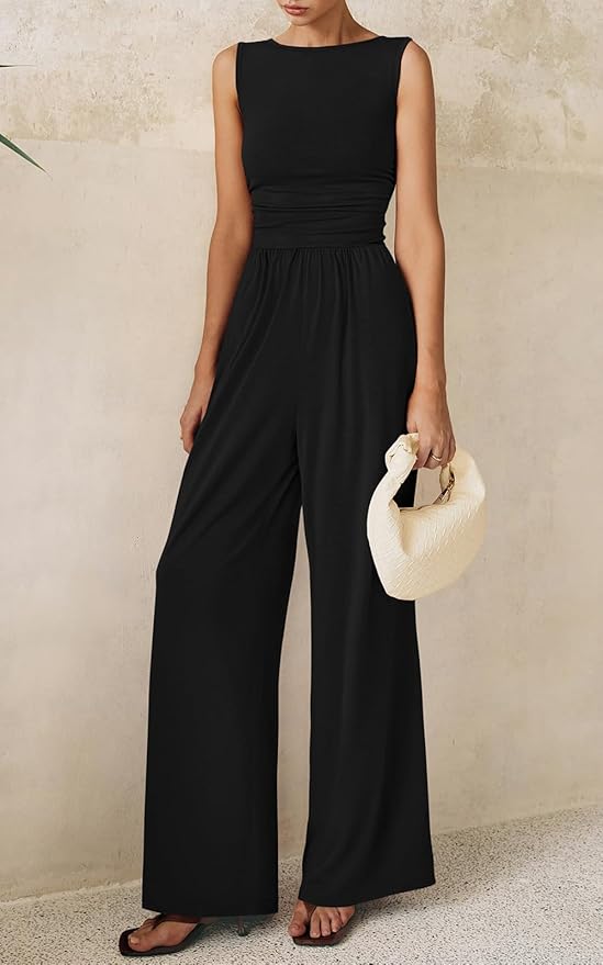 PRETTYGARDEN One Piece Jumpsuits for Women Dressy Casual Sleeveless Crewneck Wide Leg Rompers Jumpers Vacation Summer Outfits
