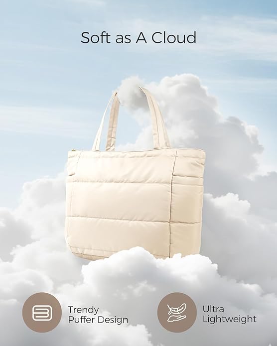 Moyad Puffy Tote Bag for Women with Zipper, Lightweight Quilted Bags Shoulder Handbag for Work, Travel, Gym, Nurse, Teacher