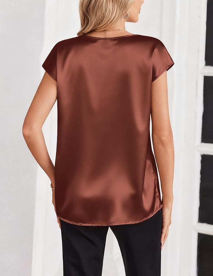 Zeagoo Women Silk Satin Tops Cap Short Sleeve Blouse V Neck Shirts Business Casual Outfits S-2XL