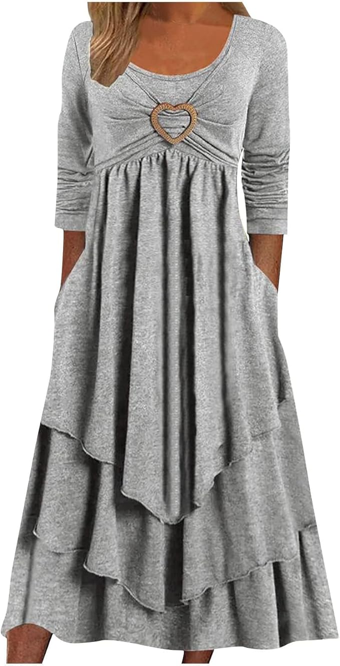 Winter Dresses for Women Wedding Guests Casual Cute Heart Long Sleeve Tiered Maxi Dress with Pockets Plus Size