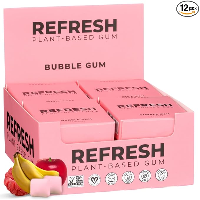 Refresh Gum, Sugar Free, Natural, Xylitol, Long Lasting Chewing Gum, Natural Flavors, Organic Ingredients, Plastic Free, Non GMO, Gluten Free, Vegan (12 Count (Pack of 12), Bubble Gum)