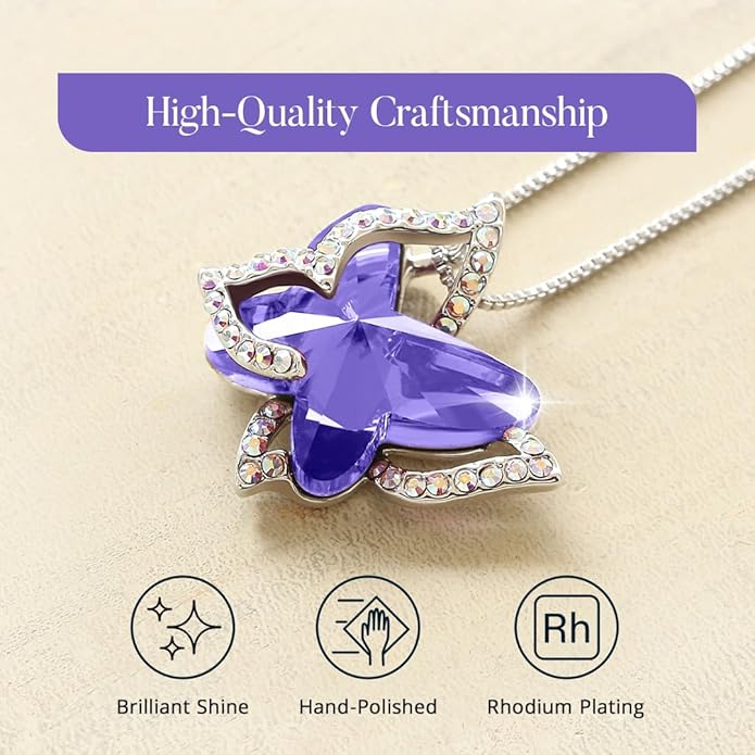 GEMMANCE Gift Butterfly Birthstone Crystal Necklace, Silver Tone with 18”+2” Chain, Necklace for Mother’s Day Anniversary Birthday Gifts for Women and Daughter, Valentine's Day