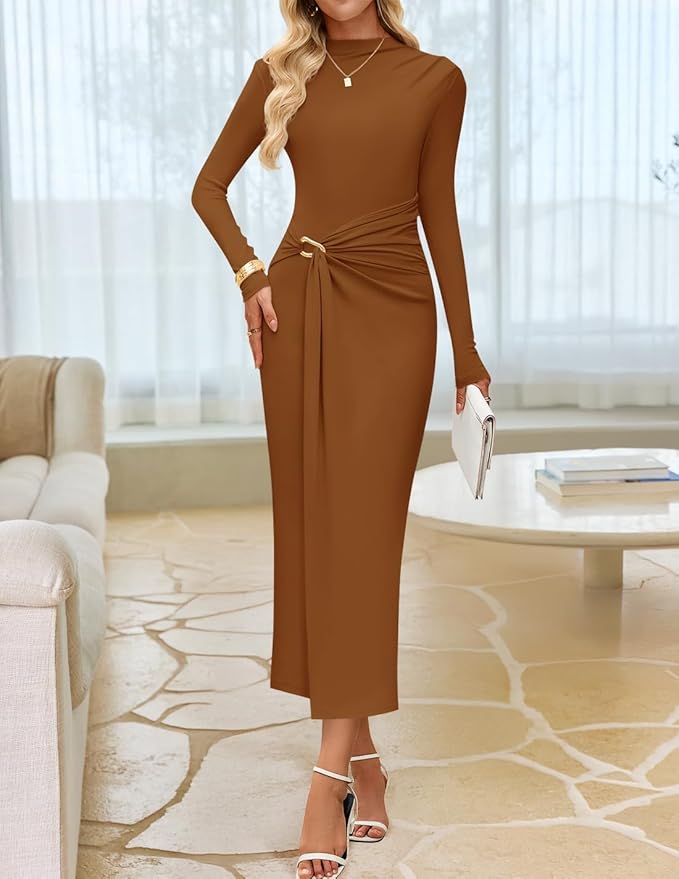 ZESICA Women's 2026 Spring Long Sleeve Bodycon Dress Mock Neck Wedding Guest Cocktail Party Long Midi Dresses