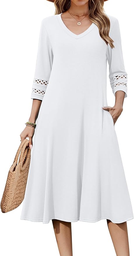 Zeagoo Women's Dresses 3/4 Sleeve Summer Casual V-Neck A Line Flowy Eyelet Midi Dress for Women Beach Vacation Sundress