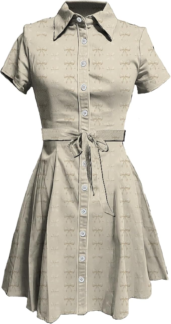 MARSVOVO Cute T Shirt Dress for Women Short Sleeve Button Up Tie Waist Elegant Casual Collared Smocked Midi Dress