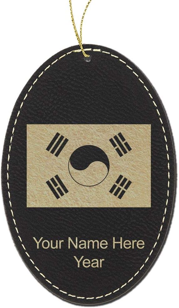 LaserGram Personalized Christmas Ornament, Flag of South Korea, Faux Leather, Custom Laser Engraved Gift Idea (Oval Shape, Black with Gold)