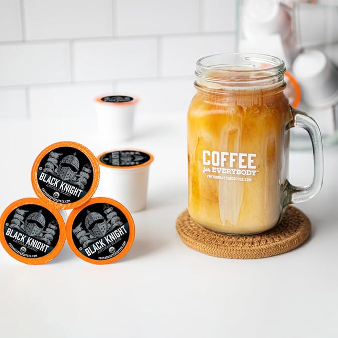 Fresh Roasted Coffee, Organic Black Knight | USDA Organic, Kosher | Dark Roast 24 Pods for K Cup Brewers