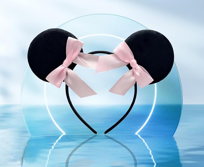 WW-WONDERFULWORLD Classic Styles Mouse Ears Headbands With 2 Pink Bows, for Theme Park Wearing, Women Costume Cosplay Party, Black; FG-BK