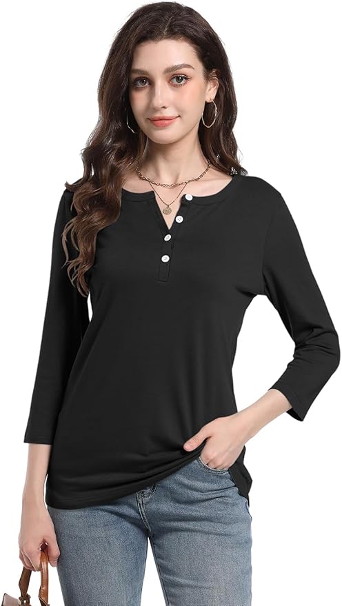 PGANDS Women's 3/4 Length Sleeve T Shirts Button Down Scoop Neck Casual Tops