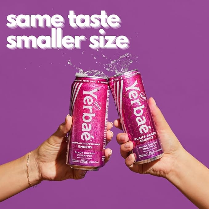 Yerbaé Energy Beverage, Black Cherry Pineapple, 120mg Caffeine. No Sugar/Calories/Carbs, Energized by Yerba Mate, Plant-Based, Healthy Alternative to Sugary Drinks, Pack of 12, 12oz cans