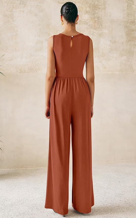 PRETTYGARDEN One Piece Jumpsuits for Women Dressy Casual Sleeveless Crewneck Wide Leg Rompers Jumpers Vacation Summer Outfits