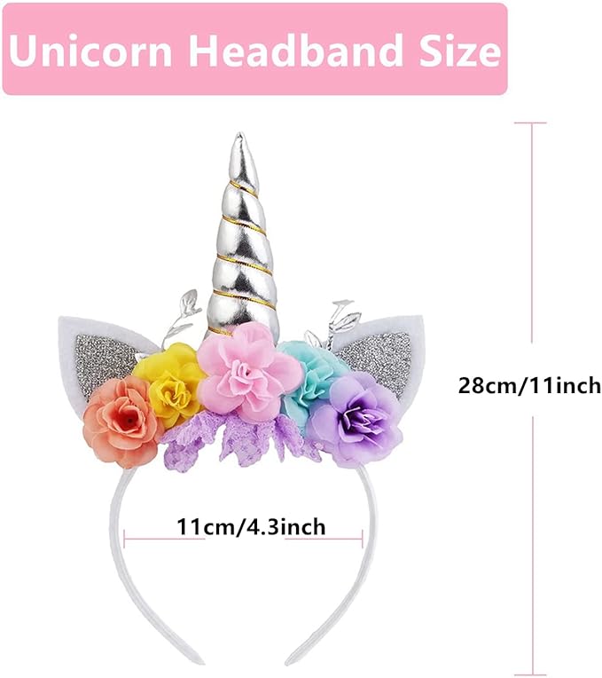 Nishine Unicorn Horn Floral Headband Glitter Ears Pony Head Bands Tiara for Girls Party Birthday Cosplay