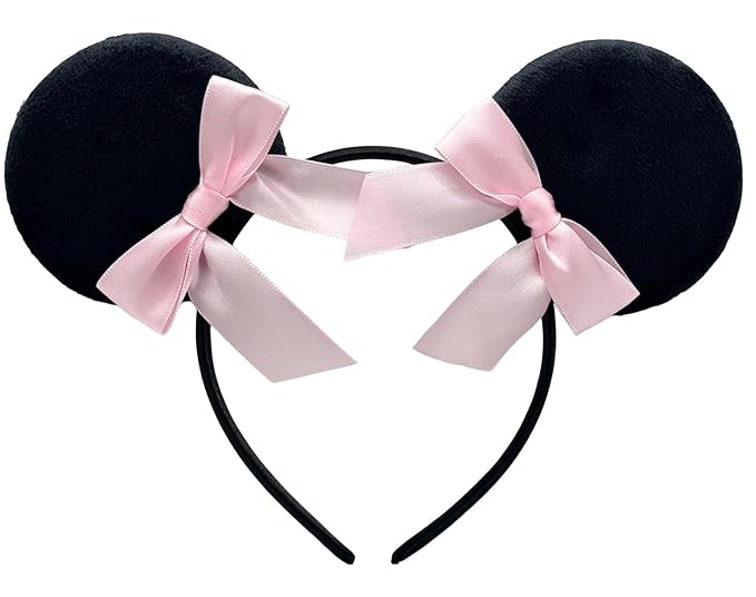 WW-WONDERFULWORLD Classic Styles Mouse Ears Headbands With 2 Pink Bows, for Theme Park Wearing, Women Costume Cosplay Party, Black; FG-BK