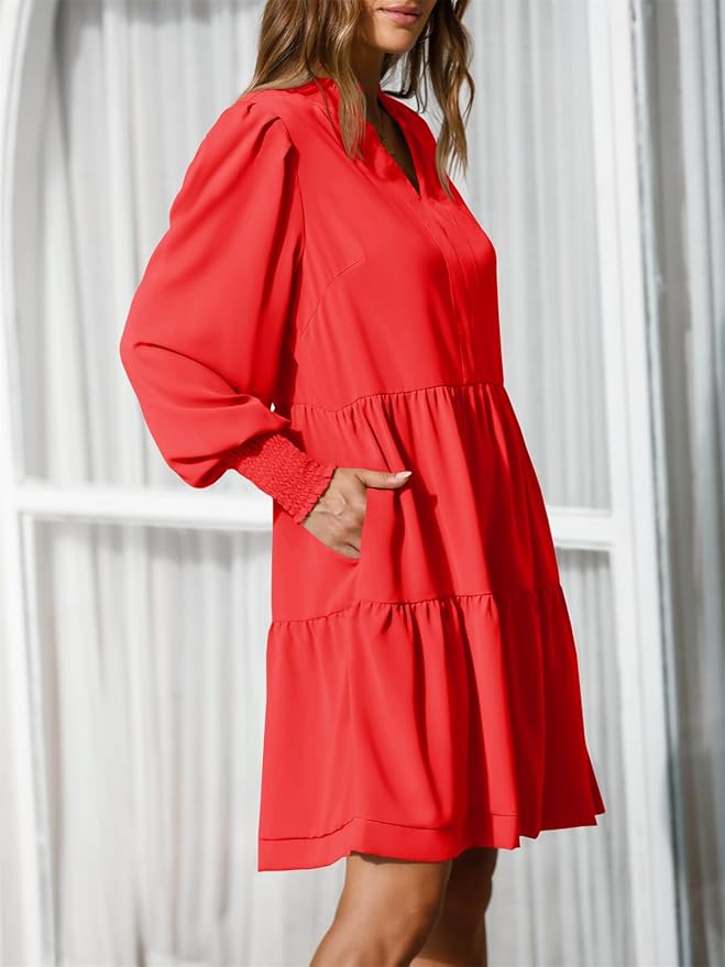 Imily Bela Womens Fall Long Sleeve Tunic Dress Casual V Neck Loose Ruffle Tiered Dress