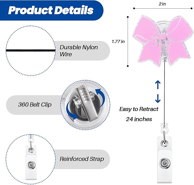 Pink Bow Badge Reel, Cute Retractable ID Card Badge Holder, Name Tag Work Badge Clip for ICU NICU RN LPN CNA MA ER Night Shift Nurse Nursing Student Pediatric OB/GYN Doctor Teacher, Nurse Gifts