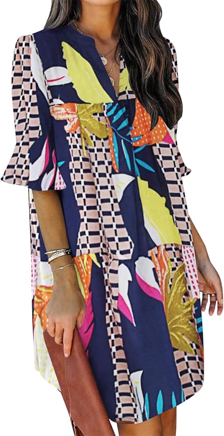 QACOHU Summer Dresses for Women V Neck Ruffle Short Sleeve Casual Shift Dress
