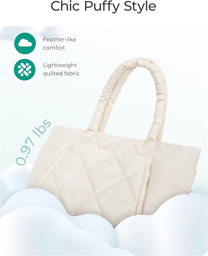 BAGSMART Tote Bag for Women, Puffy Tote Bag with Zipper, Large Quilted Shoulder Bag with Compartments for Travel, Work, Gym