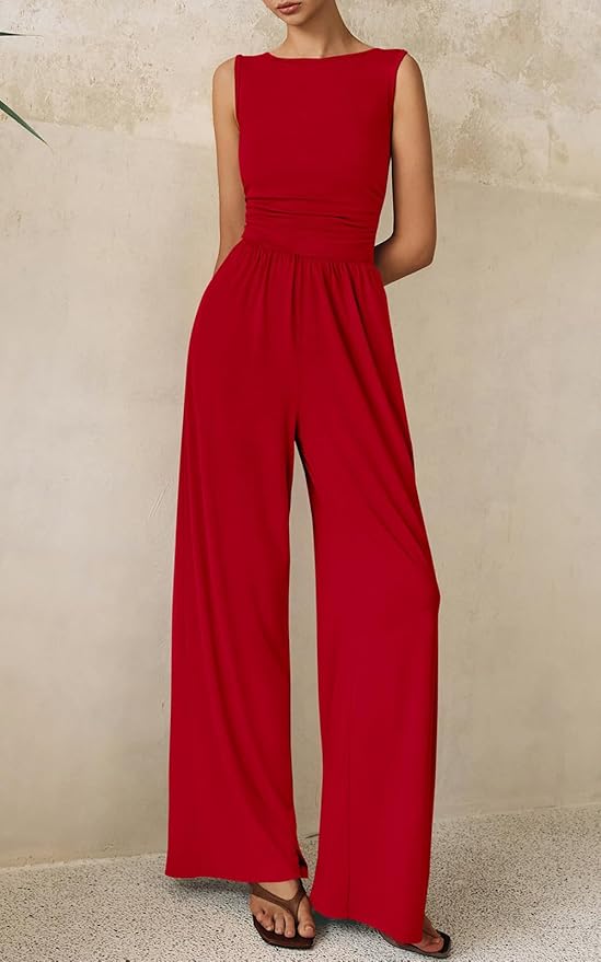 PRETTYGARDEN One Piece Jumpsuits for Women Dressy Casual Sleeveless Crewneck Wide Leg Rompers Jumpers Vacation Summer Outfits