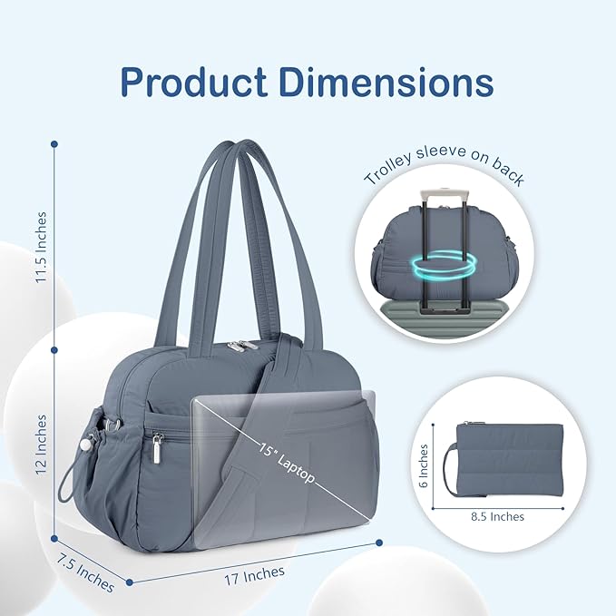 TOPDesign Travel Duffel Bag for Women, Puffer Gym Bag Sports Tote with Wet Pocket, Carry On Weekender with Luggage Sleeve (Blue Grey)
