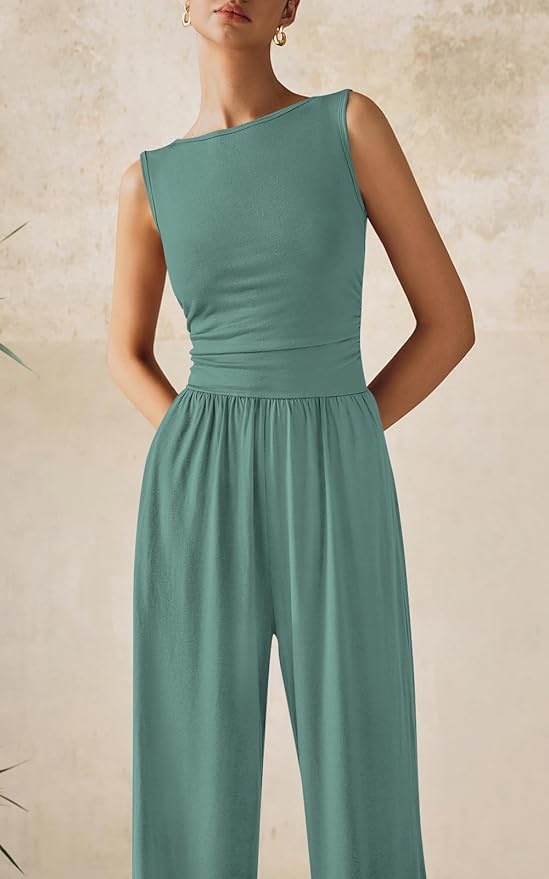 PRETTYGARDEN One Piece Jumpsuits for Women Dressy Casual Sleeveless Crewneck Wide Leg Rompers Jumpers Vacation Summer Outfits