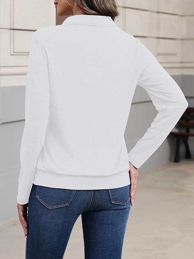 Womens Polo Shirts Long Sleeve Banded Bottom Tops Business Casual Tops Collared V Neck Blouses