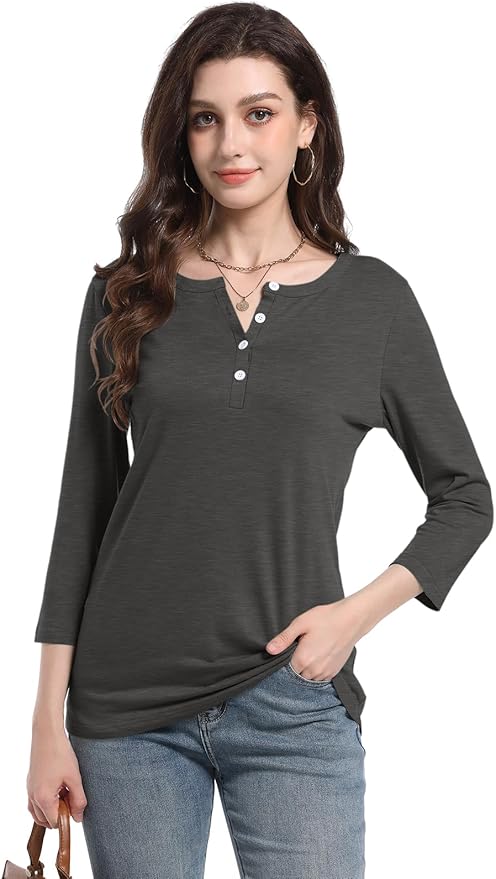PGANDS Women's 3/4 Length Sleeve T Shirts Button Down Scoop Neck Casual Tops