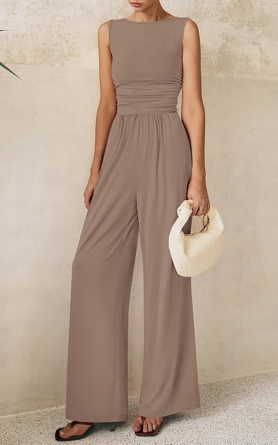 PRETTYGARDEN One Piece Jumpsuits for Women Dressy Casual Sleeveless Crewneck Wide Leg Rompers Jumpers Vacation Summer Outfits